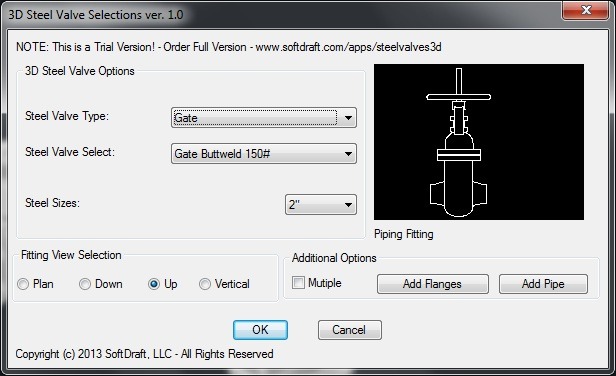 3D Steel Valves Piping Dialog